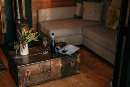 Toms Eco Lodge Tapnell Farm lounge w wood burner